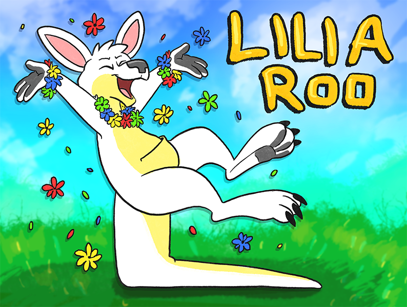 
        A flower-wearing white-and-cream kangaroo jumping for joy,
        spreading more flowers in a grassy field.
    